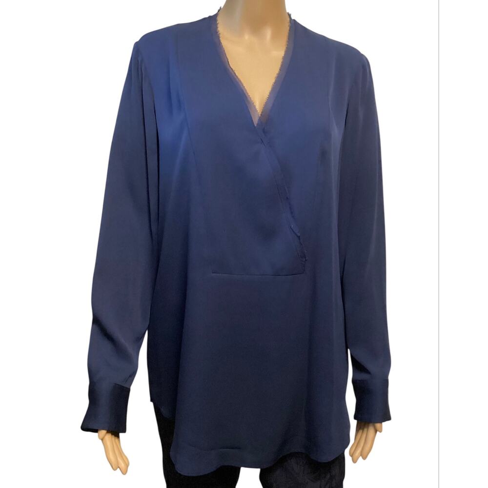 Theory Navy Blue Silk V-Neck Blouse Faux Wrap Raw Edge Popover Top Sz M